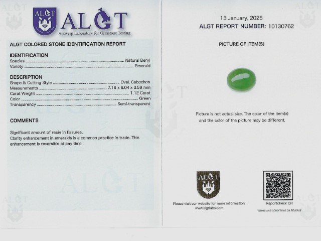 Emerald  Valuation Report 155307, 1.12 cts.