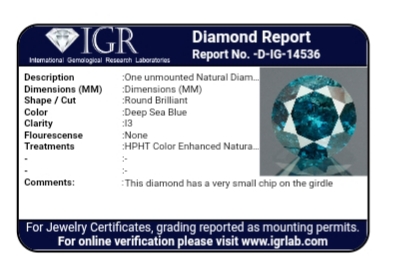 Fancy Diamond  Valuation Report 128219, 0.70 cts.